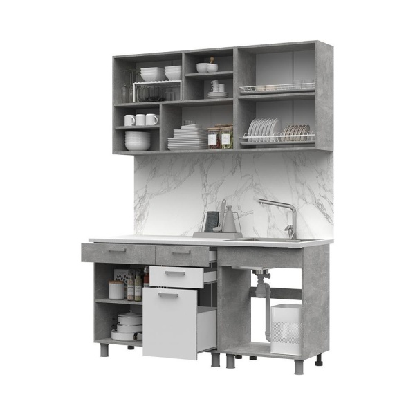 Кухня Денвер 1,6 СТЕНД (фасад БЕЛЫЙ/корпус АТЕЛЬЕ СВЕТЛОЕ (1600х2160х600))