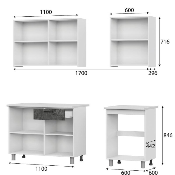 Кухонный гарнитур "Розалия" (со столешницей) SV-мебель (Белый / Цемент светлый / Цемент тёмный / Антарес)