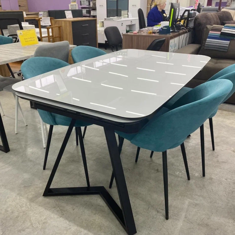 Стол Кронос Люкс Стекло 1400 Ваша Мебель (стекло белое, МДФ+пленка черная,каркас муар черный+Опора №10 мет.муар черный (1400(2200)х850))