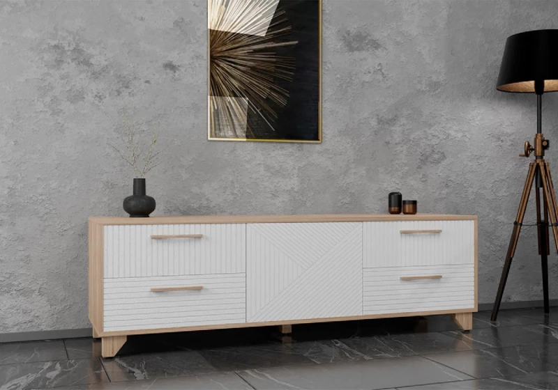 Копенгаген Тумба-створка под ТВ (12 СТУЛЬЕВ) (Корпус: ЛДСП Дуб Сонома, Фасад: МДФ Белый мат)