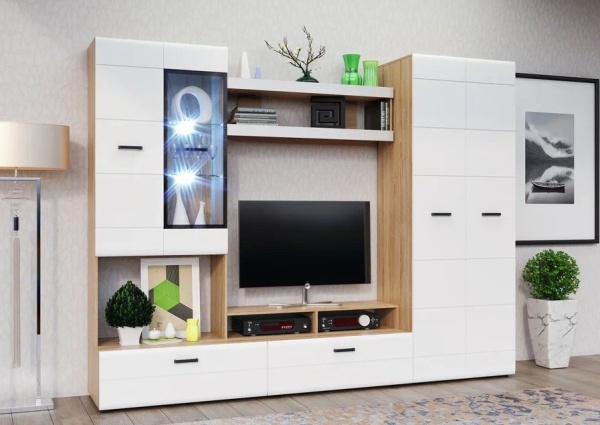 Гостиная Нэнси New Шкаф-стекло исп.2 (МДФ) МИФ (Белый глянец холодный, Сонома)