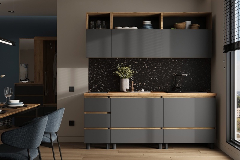 Кухня Хелен/Люмо 2,0 СТЕНД/ТВД (фасад СЕРЫЙ ГРАФИТ 0162/корпус ДУБ КРАФТ ЗОЛОТО (2,0х2,168х0,6))