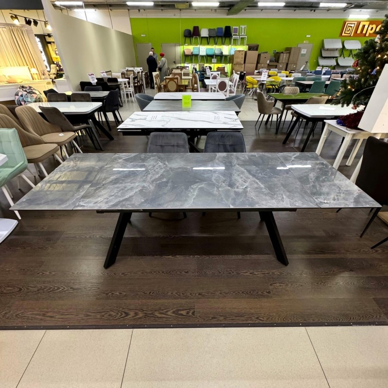 Стол Атлант Керамика 1400 Ваша Мебель (керамика ДГ-2 Мрамор черный осн.муар+Основание "Л"Н=670 МУАР черный (1400(2200)х850) СНЯТ)