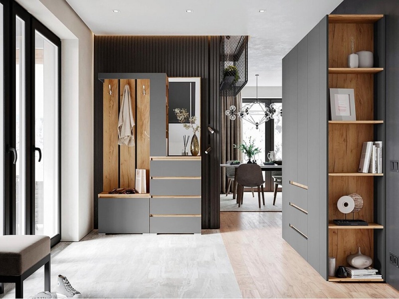 Хелен СТЛ 01 Стеллаж СТЕНД (фасад СЕРЫЙ ГРАФИТ 0162/корпус ДУБ КРАФТ ЗОЛОТО)