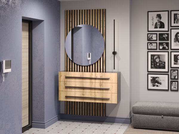 НКМ Аэлита секция №1 тумба подвесная с зеркалом РОСТОК (Дуб Вотан / Черный (1200*2200*350))