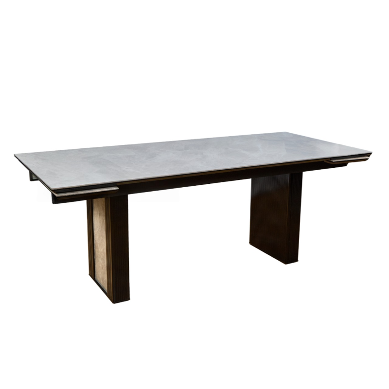 Стол Джорджио Керамика 2000 Ваша Мебель (Керамика ДГ-4 мрамор серый, МДФ черный, каркас муар черный (полка 300;2000(2600)х900))