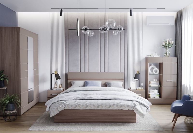 Спальня Вегас Шкаф 3-х ств. 1,5 СТЕНД (фасад МДФ КОФЕ С МОЛОКОМ/корпус ШИМО ТЕМНЫЙ СНЯТ)