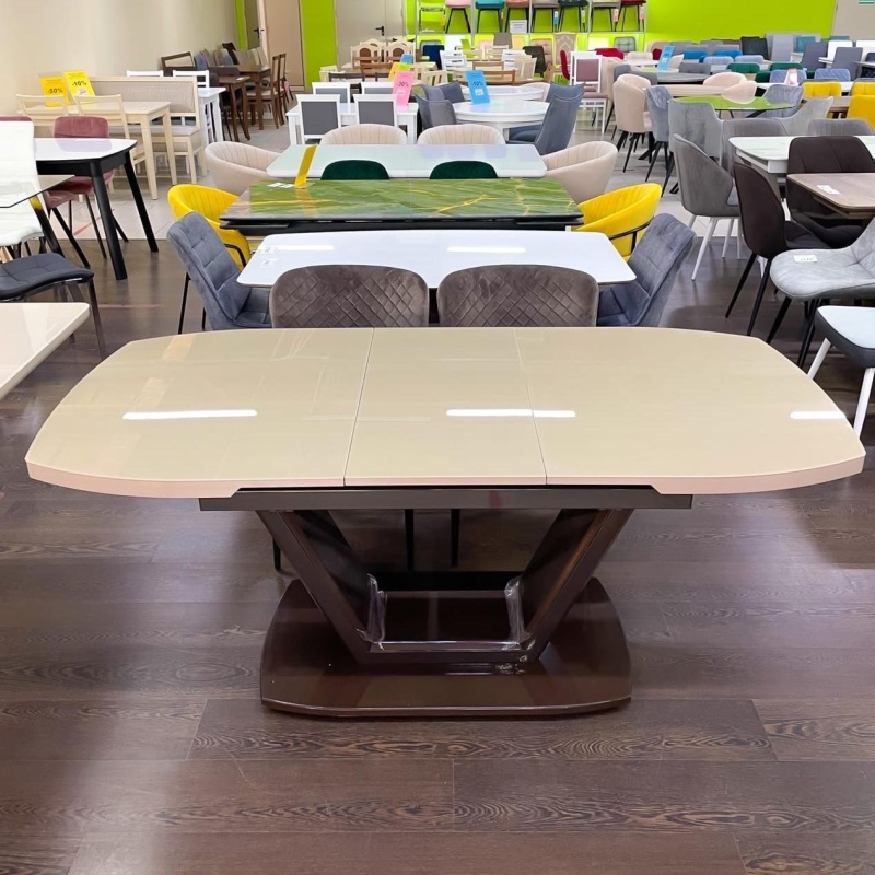 Стол Дионис Стекло 1400 Ваша Мебель (стекло бежевое, мдф коричневый, каркас коричневый, колонна декор №3 V-образный (1400/1800*850*750))