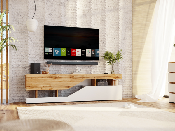 НКМ Дубай секция №4 Тумба под ТВ РОСТОК (Белый жемчуг / Дуб Вотан)