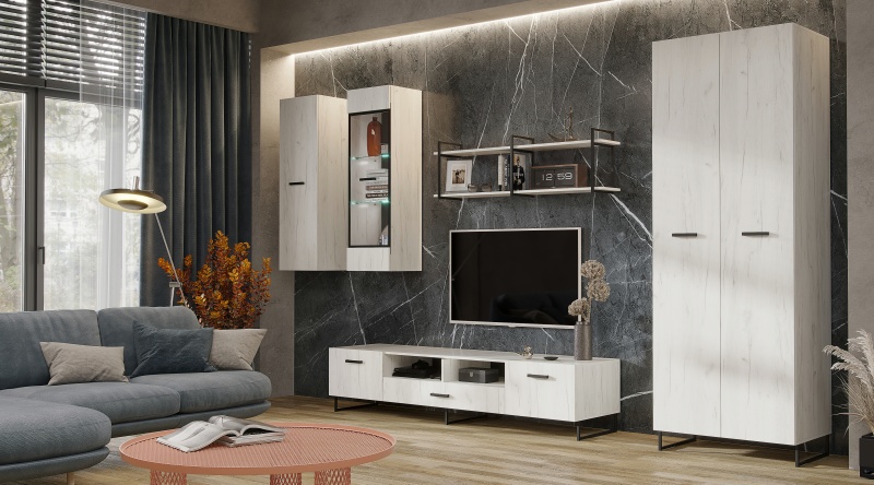 Гостиная Нэнси LOFT Тумба ТВ 1600 (ЛДСП) МИФ (Дуб Крафт Белый/Дуб Крафт Белый)