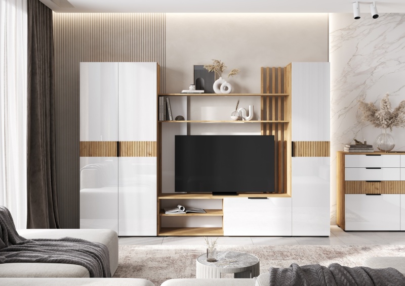 Гостиная Роджина МИФ (Белый глянец, Дуб крафт (КРОМКА ДУБ СОНОМА))