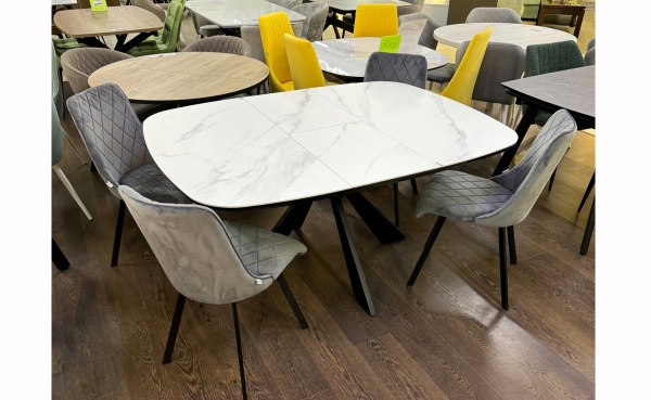 Стол Лоренцо Керамика 1100 Ваша Мебель (Керамика ДГ-4 мрамор серый, мдф+пленка черная, каркас муар черный+основание Лоренцо (1100(1420)х1100))