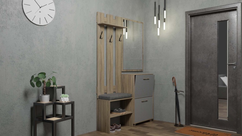 Копенгаген Вешалка с тумбой (12 СТУЛЬЕВ) (Корпус: ЛДСП Дуб Самдал, Фасад: МДФ Серый графит)