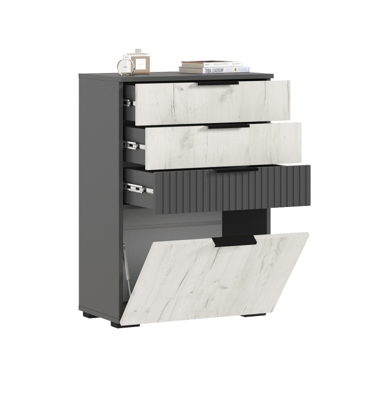 Гостиная Роджина Комод (600) МИФ (Дуб крафт Белый/Графит Софт NEW, Графит)