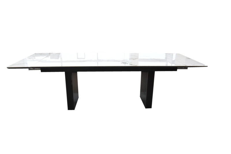 Стол Джорджио Керамика 2000 Ваша Мебель (Керамика 17 B Italian Fish мрамор белый, МДФ черный, каркас муар черный (полка 300;2000(2600)х900))