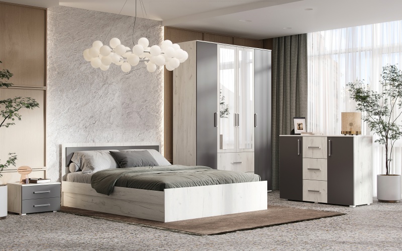 Спальный гарнитур Фиеста NEW Кровать с ПМ 1,4м МИФ (Графит/Дуб Крафт Белый)