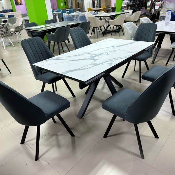 Стол Ривьер Пластик 1400 Ваша Мебель (Пластик компакт 3027 Мрамор белый, мдф+пленка софт черная, каркас муар черный (1400 (2000)х850))