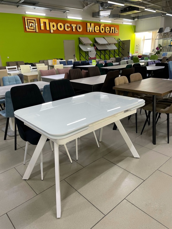 Стол Кронос Стекло 1400 Ваша Мебель (стекло белое, МДФ белый, каркас белый+Опора №10 муар белый (1400(2200)х850) СНЯТ)