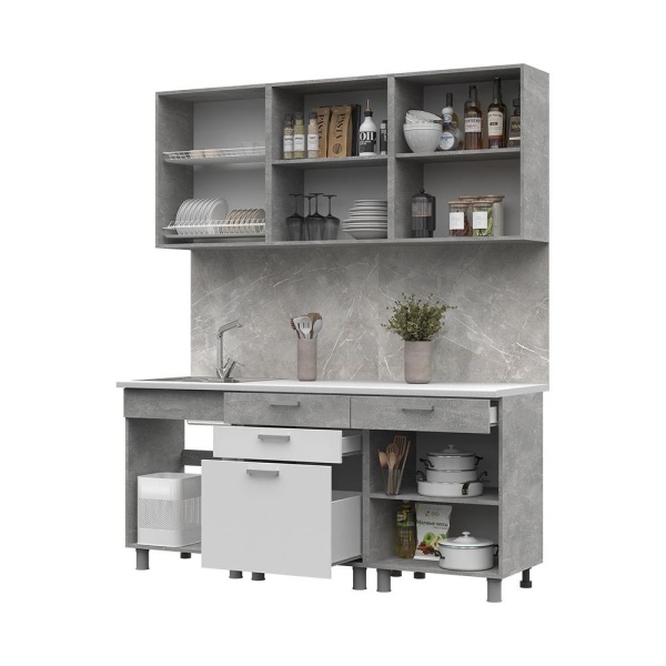 Кухня Денвер 1,8 СТЕНД (Фасад БЕЛЫЙ/Корпус АТЕЛЬЕ СВЕТЛЫЙ (1800х2160х600))