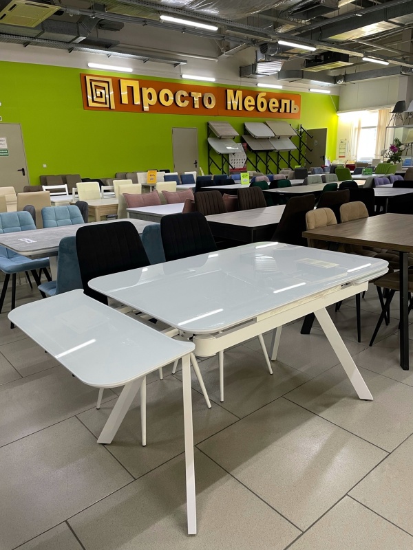 Стол Кронос Стекло 1400 Ваша Мебель (стекло белое, МДФ белый, каркас белый+Опора №10 муар белый (1400(2200)х850) СНЯТ)