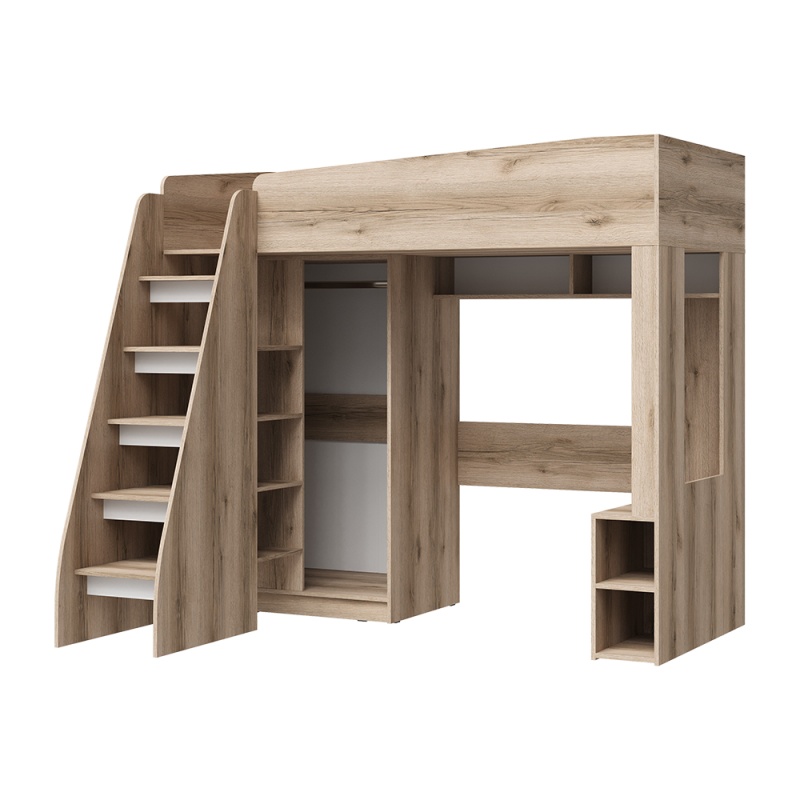 Киви КР-02 Кровать-чердак СТЕНД (Фасад МДФ СУПЕРМАТ БЕЛЫЙ/Корпус ДУБ ДЕЛАНО (1988*1754*1576))