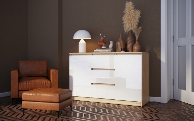 Челси Тумба ТВ МИФ (Белый глянец холодный, дуб сонома)