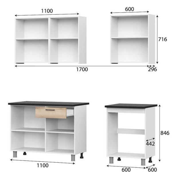 Кухонный гарнитур "Лаванда" (со столешницей) SV-мебель (Белый / Дуб Делано / Чёрный матовый)