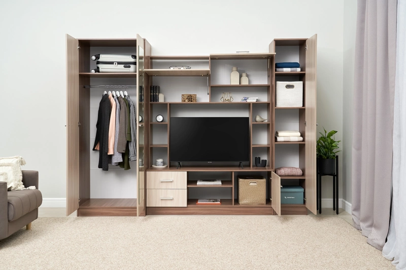 Гостиная Марта - М СТЕНД (фасад ШИМО СВЕТЛЫЙ/корпус ШИМО ТЕМНЫЙ (2700*2124*468/ТВ 936*812))