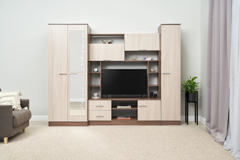 Гостиная Марта - М СТЕНД (фасад ШИМО СВЕТЛЫЙ/корпус ШИМО ТЕМНЫЙ (2700*2124*468/ТВ 936*812))