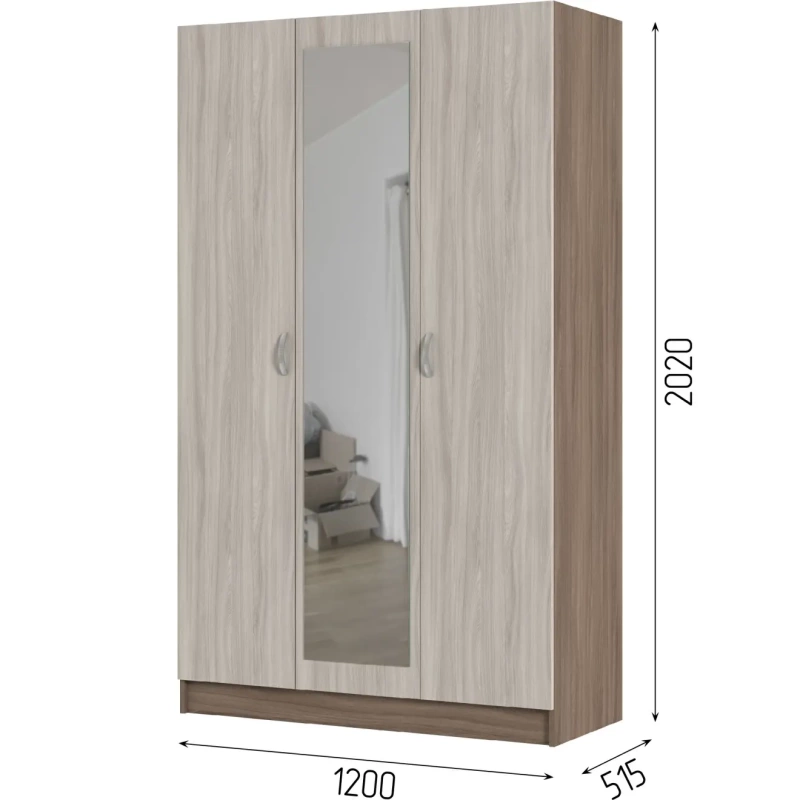 Басса (Бася) ШК 553 Шкаф 3-х ств. с зеркалом СТЕНД (фасад ШИМО СВЕТЛЫЙ/корпус ШИМО ТЕМНЫЙ (1,2х2,02х0,506))