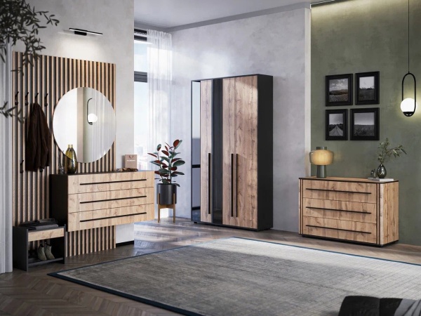 НКМ Аэлита секция №1 тумба подвесная с зеркалом РОСТОК (Дуб Вотан / Черный (1200*2200*350))