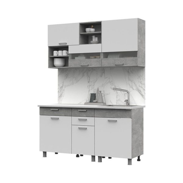 Кухня Денвер 1,6 СТЕНД (фасад БЕЛЫЙ/корпус АТЕЛЬЕ СВЕТЛОЕ (1600х2160х600))