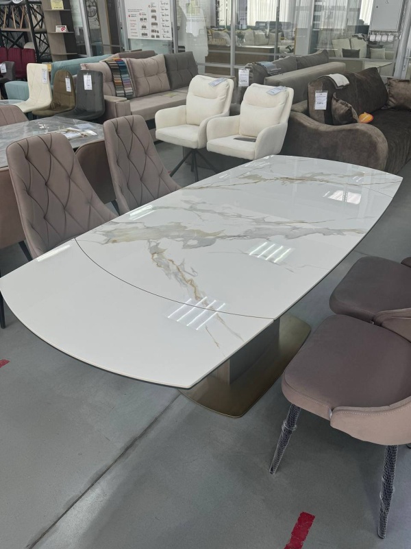 Стол Турин 2 Керамика (CDT-6004-66) КНР (Столешница Белый мрамор глянец, опоры бронза. Вращающийся обеденный стол. Столешница керамика 6 мм, стекло 6мм (1300(1900)*900*760))