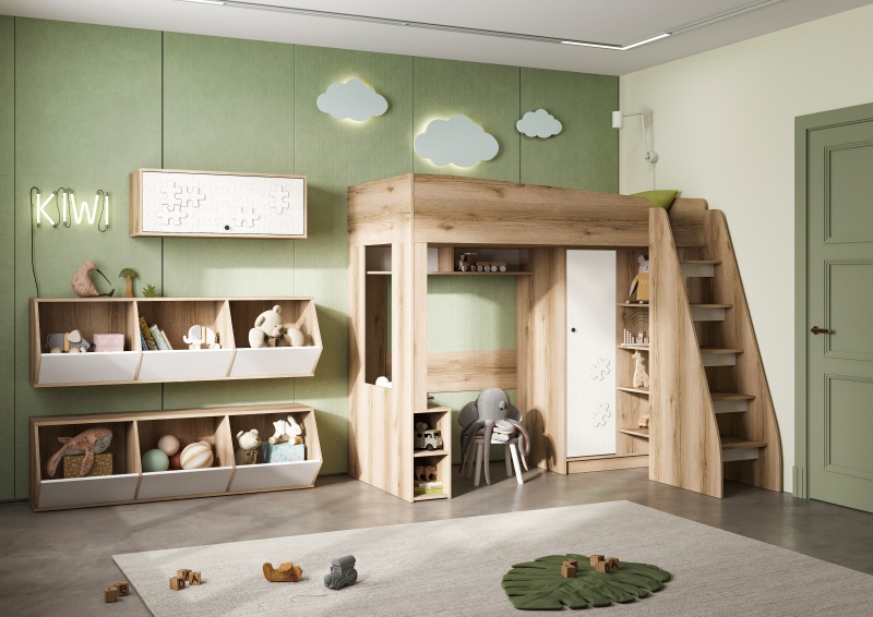 Киви КР-02 Кровать-чердак СТЕНД (Фасад МДФ СУПЕРМАТ БЕЛЫЙ/Корпус ДУБ ДЕЛАНО (1988*1754*1576))