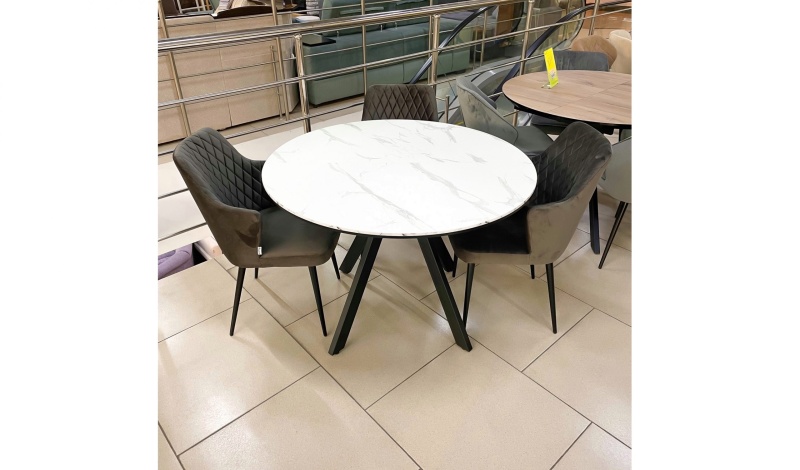 Стол Бахус Керамика 1200 Ваша Мебель (Керамика 07 BG Senades мрамор белый глянец, мдф черный, опоры муар черные (d=1200(1600)))