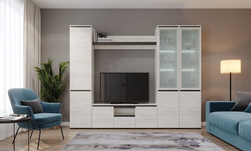 Гостиная Гретта Полка навесная 1350 ПАМИР (Крафт белый-Антрацит)