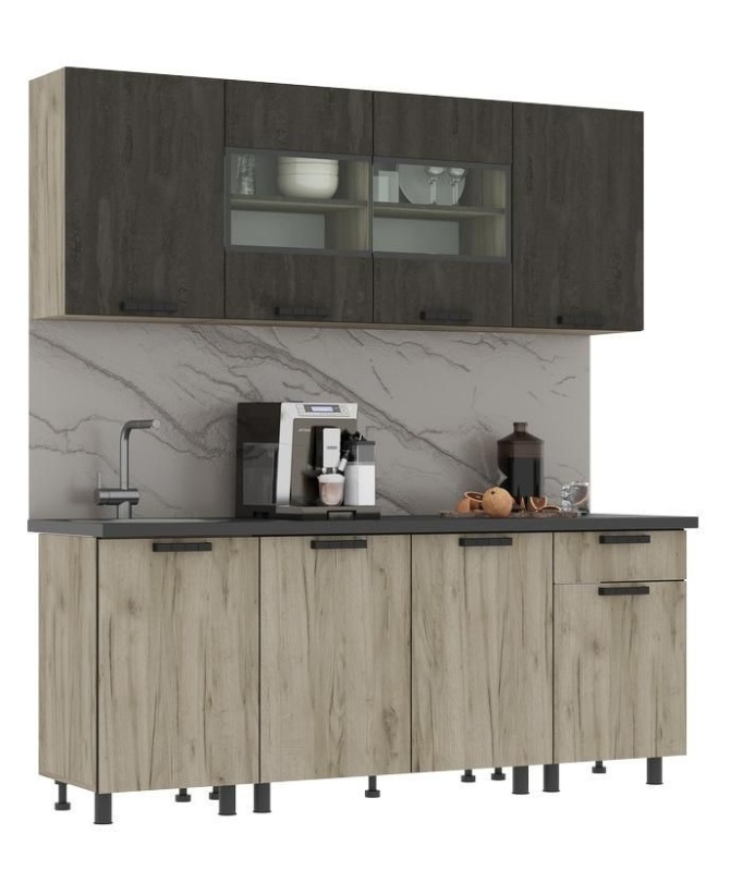 Кухня Эдинбург 2,0 СТЕНД (фасад ЖЕЛЕЗНЫЙ КАМЕНЬ/корпус ДУБ КРАФТ СЕРЫЙ (2,000Х2,160Х0,600))