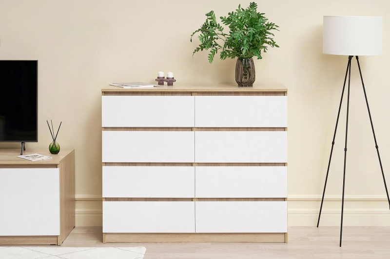Челси Комод 8 ящиков МИФ (Белый глянец холодный, дуб сонома)