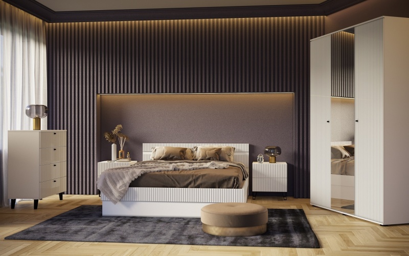 Спальный гарнитур Оливия Кровать 1,6м с ПМ МИФ (Белый/Белый глянец холодный)