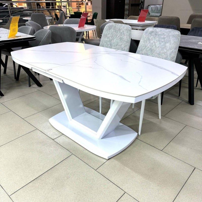 Стол Дионис Керамика 1600 Ваша Мебель (Керамика ДГ-1 Мрамор белый, мдф белый, колонна декор №3 V-образное белый (1600/2000*900*750))