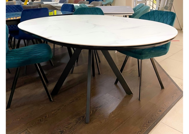 Стол Бахус Керамика 1000 Ваша Мебель (керамика 23ВG Oriental Aoxue мрамор белый глянец, мдф+пленка черный,каркас МУАР черный (d=1000(1320)))