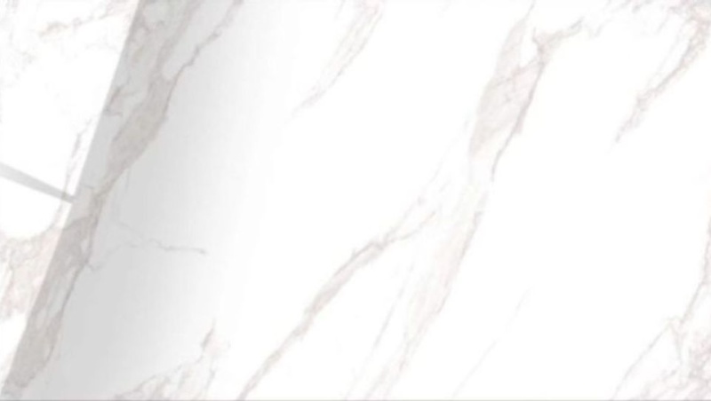 Стол Джорджио Керамика 2000 Ваша Мебель (Керамика 22 BG Snow mountain stone мрамор белый глянец, МДФ черный, каркас муар черный (полка 300;2000(2600)х900))