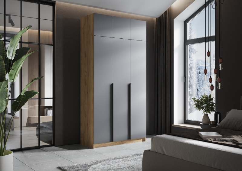 Лион ШК-02 Шкаф 3-х створчатый СТЕНД (фасад ГРАФИТ СЕРЫЙ/корпус ДУБ КРАФТ ЗОЛОТО (1200*2000*550))