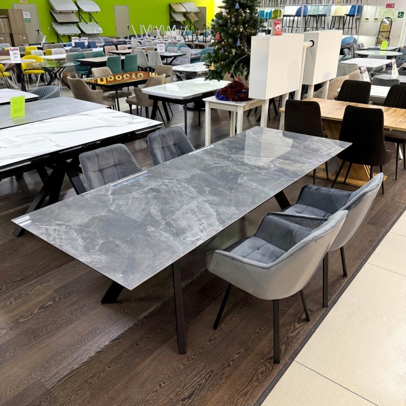 Стол Атлант Керамика 1400 Ваша Мебель (керамика ДГ-2 Мрамор черный осн.муар+Основание "Л"Н=670 МУАР черный (1400(2200)х850) СНЯТ)