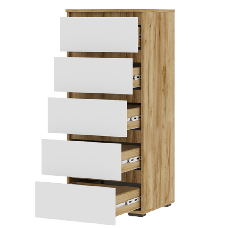 Хелен КМ 03 Комод 502 5 ящиков СТЕНД (фасад БЕЛЫЙ/корпус ДУБ КРАФТ ЗОЛОТО)