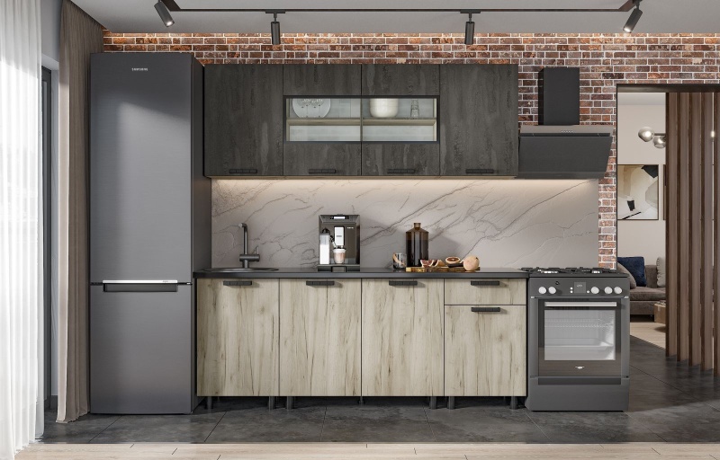 Кухня Эдинбург 2,0 СТЕНД (фасад ЖЕЛЕЗНЫЙ КАМЕНЬ/корпус ДУБ КРАФТ СЕРЫЙ (2,000Х2,160Х0,600))