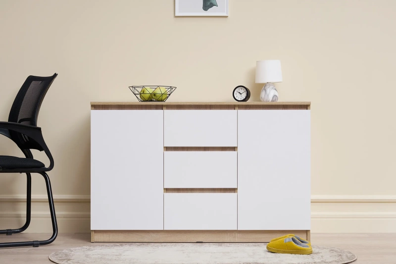 Челси Комод 1200 (2 двери 3 ящика) МИФ (Белый глянец холодный, дуб сонома)