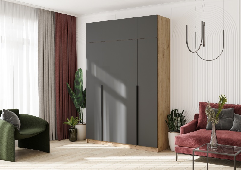 Лион ШК-03 Шкаф 4-х створчатый СТЕНД (фасад ГРАФИТ СЕРЫЙ/корпус ДУБ КРАФТ ЗОЛОТО (1600*2000*550))