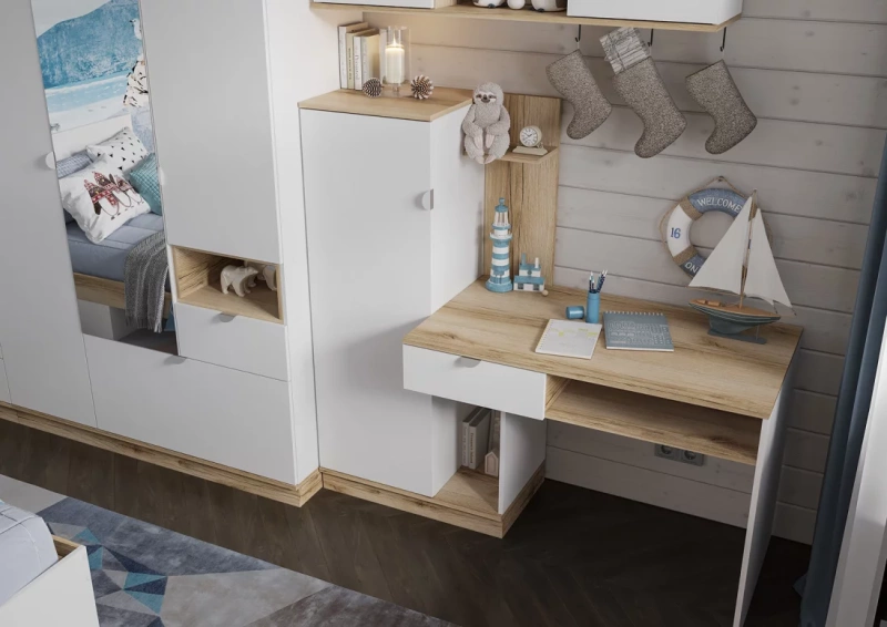 Юкки СТ 1Я 1500 Стол компьютерный СТЕНД (фасад БЕЛЫЙ/корпус ДУБ ДЕЛАНО (1500*1300*600))