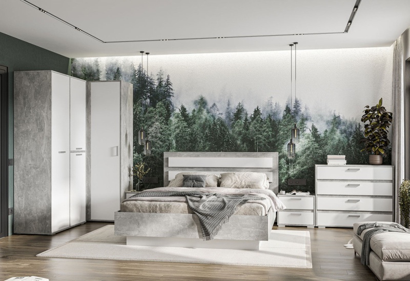 Денвер КР 02 Кровать 1,6х2,0 СТЕНД (фасад БЕЛЫЙ/корпус АТЕЛЬЕ СВЕТЛЫЙ (1672х990х2100))